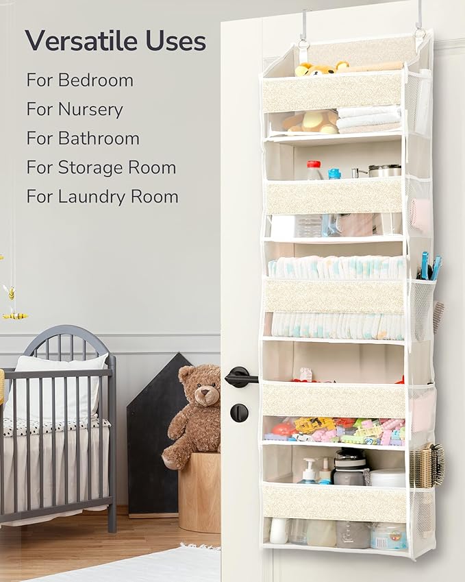 ULG 1 Pack Over Door Organizer with 5 Large Pockets 10 Mesh Side Pockets, Upgraded Linen Texture Over The Door Storage, 44 lb