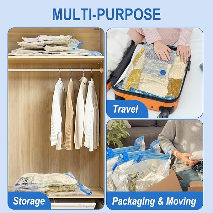 Fygrip Vacuum Storage Bags with Hand Pump, Plastic Packaging Bags, 80% Space Saver Vacuum Seal Bags for Clothing, Travel Lugg
