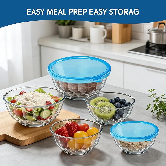 ENVTEK Thick Glass Mixing Bowls with Airtight Lids Set, 5-Piece Nesting Bowls for Baking & Meal Prep, BPA Free, Dishwasher Safe, 0.5/0.8/1.6/2.7/4.4 Quart - Blue