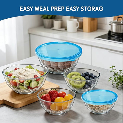 ENVTEK Thick Glass Mixing Bowls with Airtight Lids Set, 5-Piece Nesting Bowls for Baking & Meal Prep, BPA Free, Dishwasher Safe, 0.5/0.8/1.6/2.7/4.4 Quart - Blue