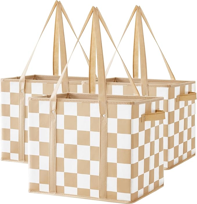 Checkered Reusable Grocery Bags Heavy Duty 3 Pack Foldable Shopping Bags with Handles for Groceries Collapsible Tote