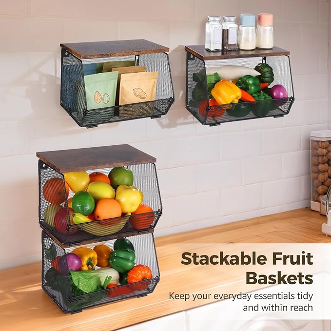 Joyibay 4 Pcs Stackable Fruit Baskets, Metal Mesh Wall Storage Baskets with Wooden Lids, Folding Wire Organizers for Kitchen 