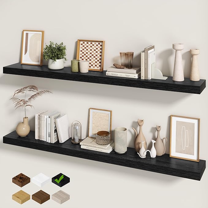 Fun Memories 60 Inch Fireplace Mantel - Long Floating Shelf, Wall Mounted Farmhouse Display with Invisible Heavy Duty Metal B