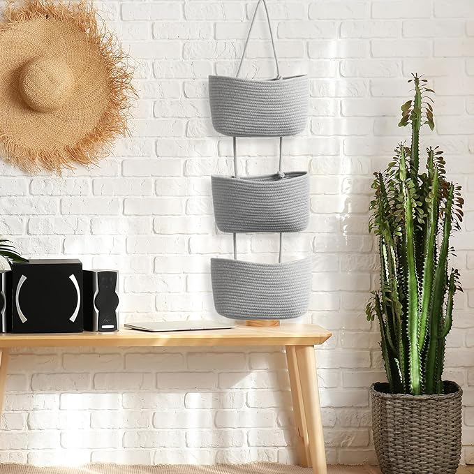 TeoKJ Over the Door Hanging Basket, 3-Tier Woven Cotton Wall-Mounted Storage Organizer Bag Decorative Hanging Nursery Baskets