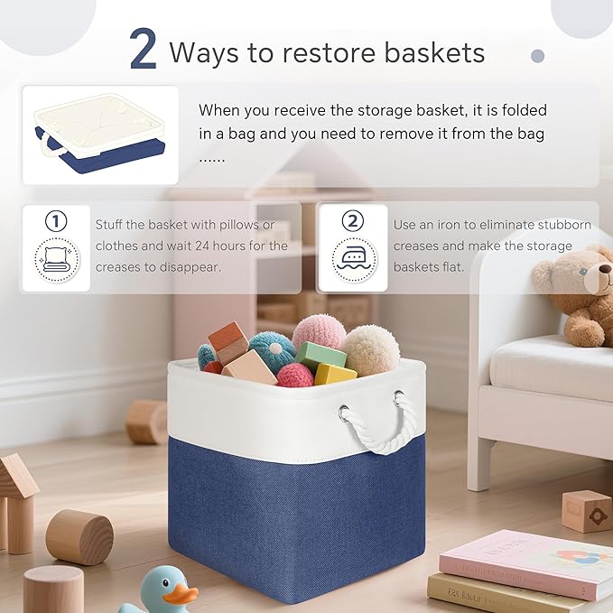 FinishingBo Cube Storage Baskets, 6 Pack 11x11 inch with Cotton Handles for Closet, Shelves, Clothes, Towel (White/Navy Blue)