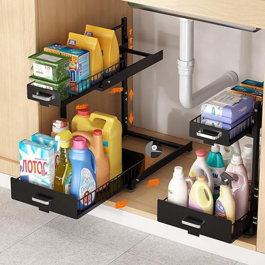 Under Sink Organizer,2 Tier Slide Out Kitchen Cabinet Organizers with Pulley,Under Bathroom Sink Pull Out Organizer with Mult