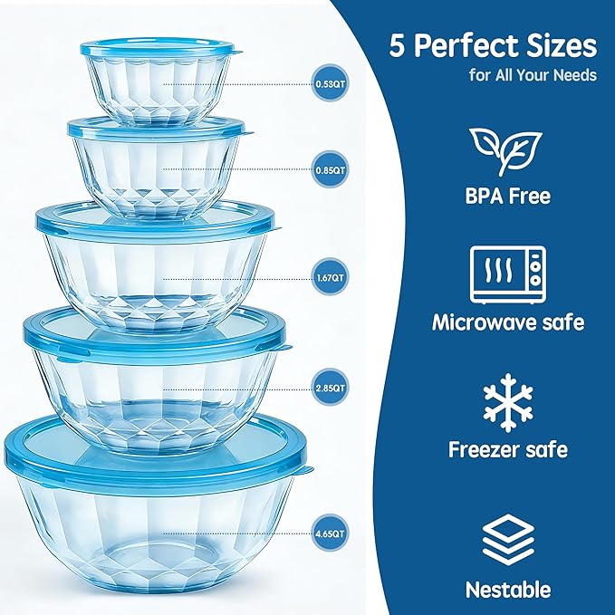ENVTEK Thick Glass Mixing Bowls with Airtight Lids Set, 5-Piece Nesting Bowls for Baking & Meal Prep, BPA Free, Dishwasher Safe, 0.5/0.8/1.6/2.7/4.4 Quart - Blue