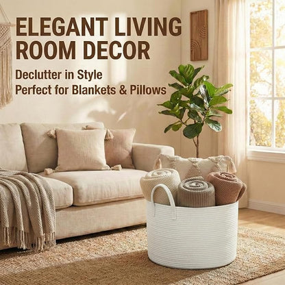 JMvicyroam 65L Extra Large Blanket Basket for Living Room - Woven Cotton Rope Laundry Hamper with Reinforced Handles - Storag