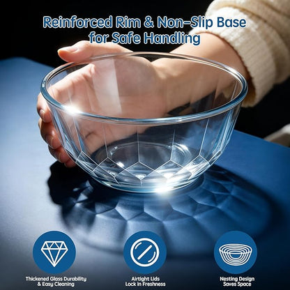 ENVTEK Thick Glass Mixing Bowls with Airtight Lids Set, 5-Piece Nesting Bowls for Baking & Meal Prep, BPA Free, Dishwasher Safe, 0.5/0.8/1.6/2.7/4.4 Quart - Blue