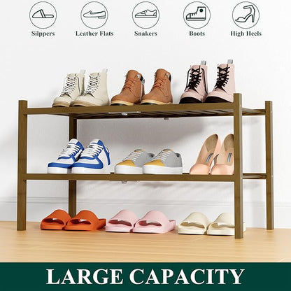 Smiry Shoe Rack, 2 Tier Thick Bamboo Shoe Organizer, Stackable Free Standing Wooden Shoe Storage Shelf for Closet, Entryway, 