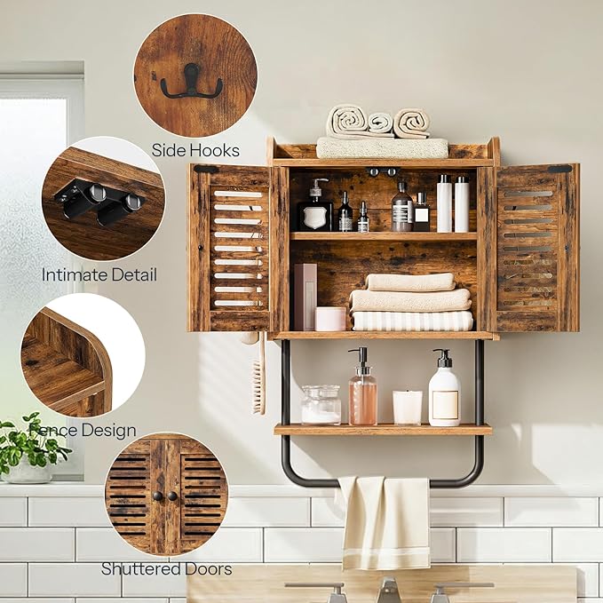 HOOBRO Bathroom Wall Cabinet, Double Doors Medicine Cabinet with Towel Bar, Adjustable Shelf, 2 Hooks, Over The Toilet Storag