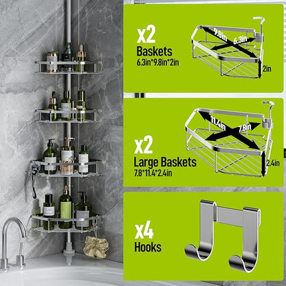 LAMU Shower Caddy Corner Tension Pole, Stainless Steel Shower Organizer, Strong Spring, 5 Adhesive Pads, 2.4 in Non-Slip Grid