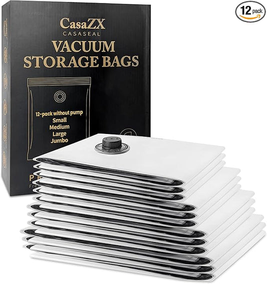 Vacuum Storage Bags 12 Pack Without Hand Pump – Space Saver Compression Bags, Airtight Double-Zip & Triple Valve, Reusable, L