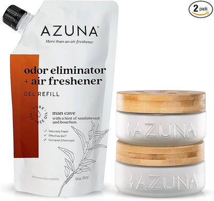 Azuna Air Freshener & Odor Eliminator for Strong Odor | 2 Room Kit Includes (2) Empty Luxe Glass Jar & 12oz Gel Refill with T