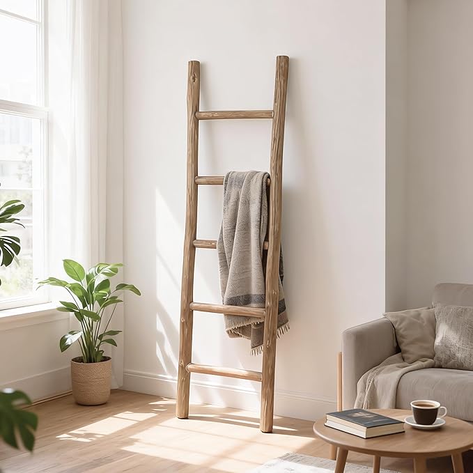 Wooden Blanket Ladder Natural & Motley Wood - Leaning Wall Decor for Bedroom, Bathroom, Living Room - Rustic Quilt Holder & T