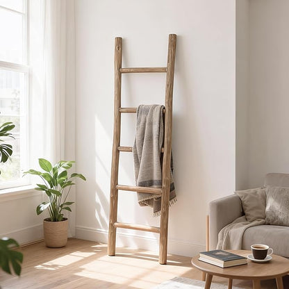 Wooden Blanket Ladder Natural & Motley Wood - Leaning Wall Decor for Bedroom, Bathroom, Living Room - Rustic Quilt Holder & T