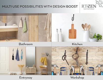 RTZEN Wall Mount Hook Set - Wrought Iron Decorative Rustic Metal Coat Hooks for Hanging - Handcrafted Classic Farmhouse Wall 