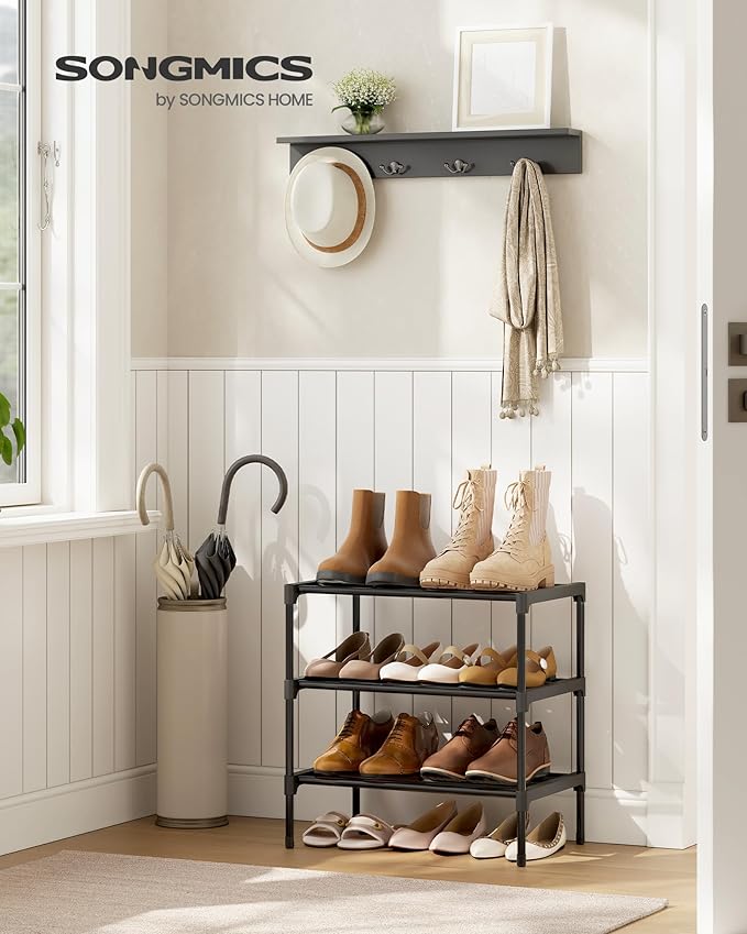 SONGMICS 3-Tier Shoe Rack for Closet, Compact Metal Shoe Organizer Shelf for Entryway, Bedroom, Small Spaces, Stackable, 11.8