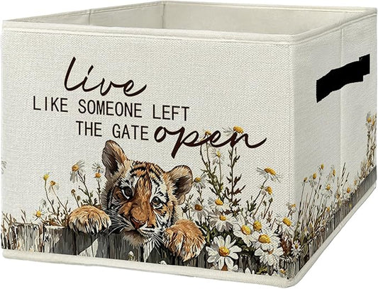Rustic Tiger Storage Bins & Boxes with Handles, Farmhouse Tiger Foldable Basket for Organizing, Live Like Someone Left the Ga