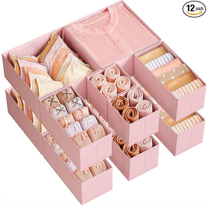 SONGMICS Drawer Organizers, Dresser Divider Organizers, Set of 12, Foldable Fabric Storage Boxes for Socks, Underwear, Bras, 