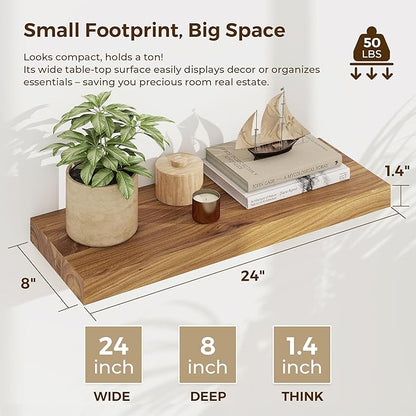 Dreamland 24 Inch Floating Shelves, Rustic Elm Wood Wall Shelf for Home Decor, 8 Inch Deep Floating Shelf for Wall, 24 x 8 Ba