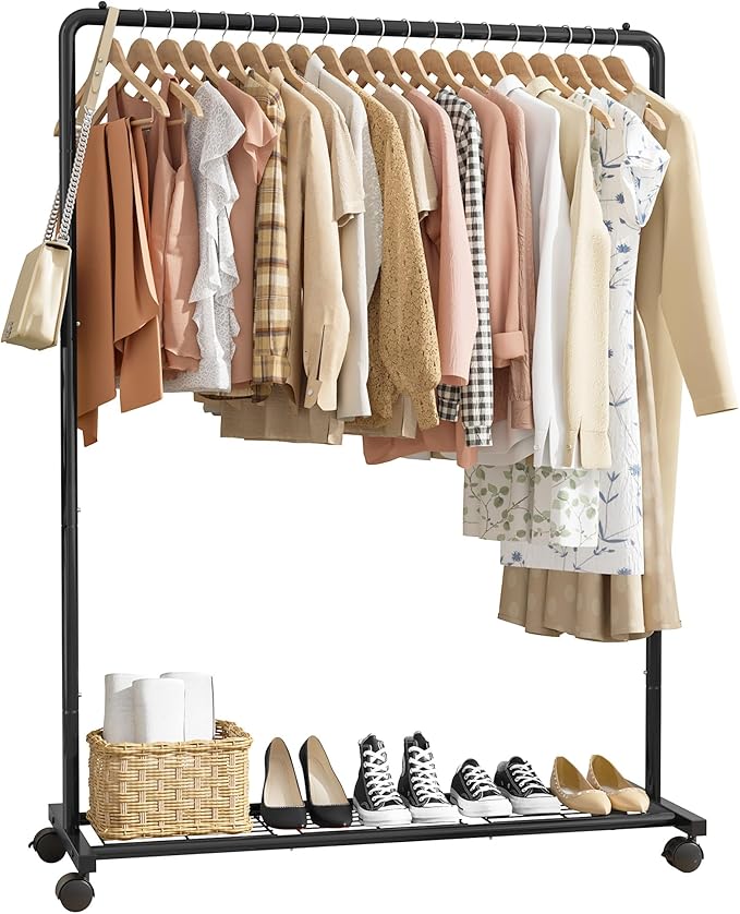 Sakugi Clothes Rack - Clothing Rack with Storage Mesh Shelf & Casters, Heavy-Duty Metal Clothing Rack for Hanging Clothes, Dr