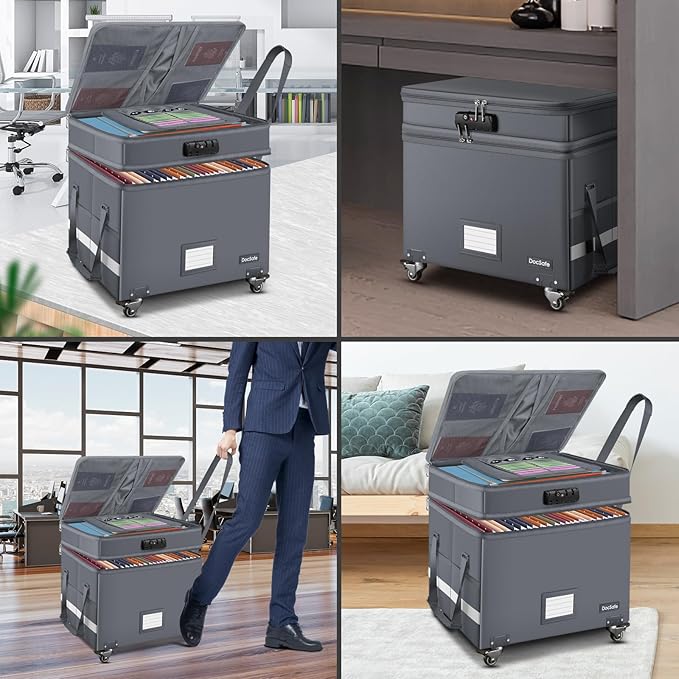 DocSafe Fireproof Document Box with Lock,2-Layer File Box with Wheels,Collapsible File Storage Organizer with Pockets,Large P