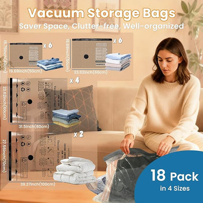 Space Saver Vacuum Storage Bags with Electric Pump, 18 PCS (6S,6M,4L,2J) Space Saver Vacuum Seal Bags for Clothing, Travel, B