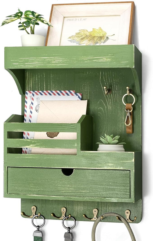 Rebee Vision Pine Wood Key Holder Wall Mount with Small Drawer Organizer - Farmhouse Key Holder for Wall with 6 Sturdy Hooks 