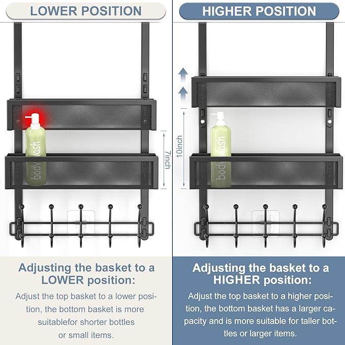 Adjustable Over The Door Hooks Organizer, Door Hanger Coat Rack with 2 Mesh Baskets and 10 Hooks, Back of Door Storage Organi