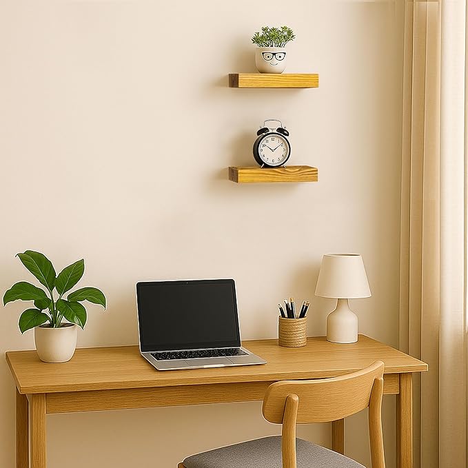 BGMG Small Wood Floating Shelves for Wall 8 inch Set of 2, Rustic Wooden Wall Mount Shelves for Living Room Bedroom Kitchen F