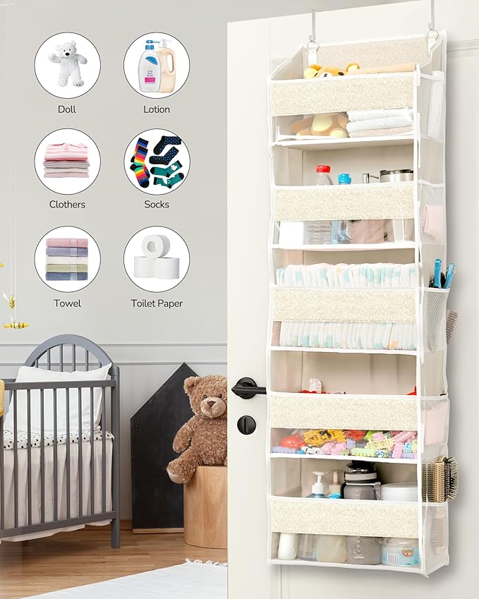 ULG 1 Pack Over Door Organizer with 5 Large Pockets 10 Mesh Side Pockets, Upgraded Linen Texture Over The Door Storage, 44 lb