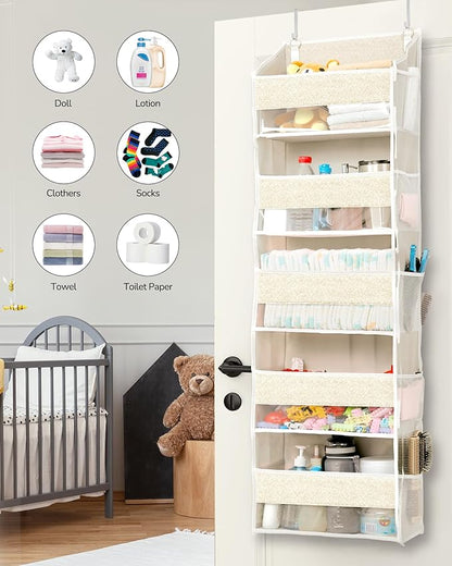 ULG 1 Pack Over Door Organizer with 5 Large Pockets 10 Mesh Side Pockets, Upgraded Linen Texture Over The Door Storage, 44 lb