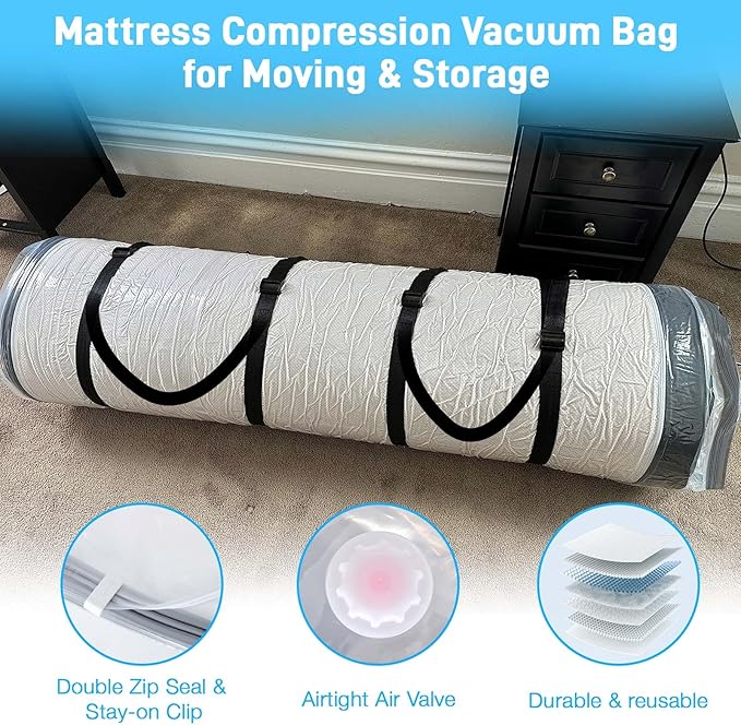 Mattress Vacuum Bag Twin/Twin XL Space Saver Mattress Vacuum Seal Bag with Straps for Moving Double Zip Seal Reusable Mattres