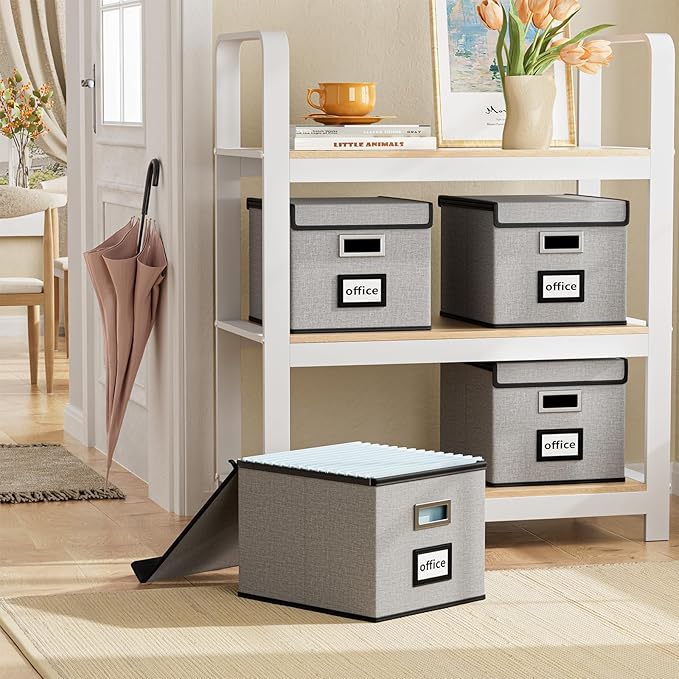 Huolewa Portable File Organizer Boxes Set of 4, Large Linen Hanging Office Document Storage Boxes with Lids, Collapsible Fili