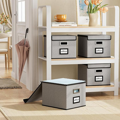Huolewa Portable File Organizer Boxes Set of 4, Large Linen Hanging Office Document Storage Boxes with Lids, Collapsible Fili