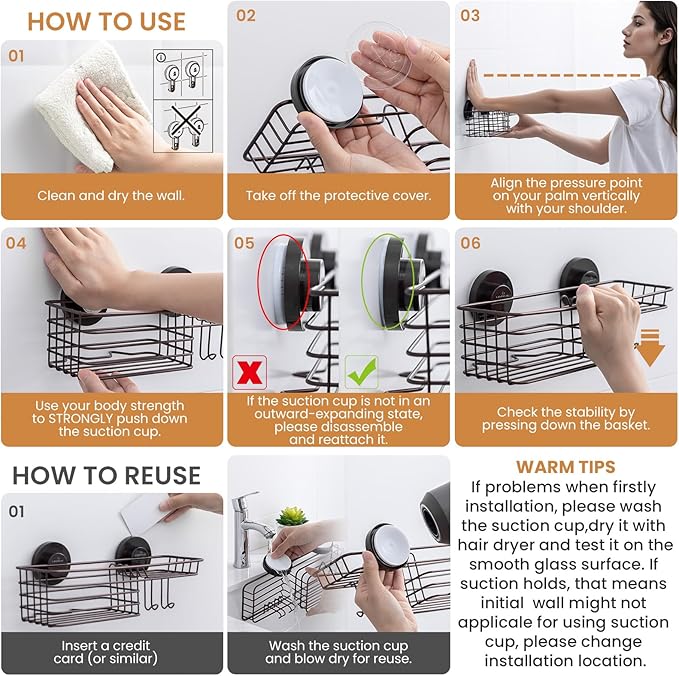LEVERLOC Shower Caddy Suction Cup, 2 Pack Shelves for Inside with Hooks and Soap Organizer, NO-Drilling Bathroom Holder, Rust
