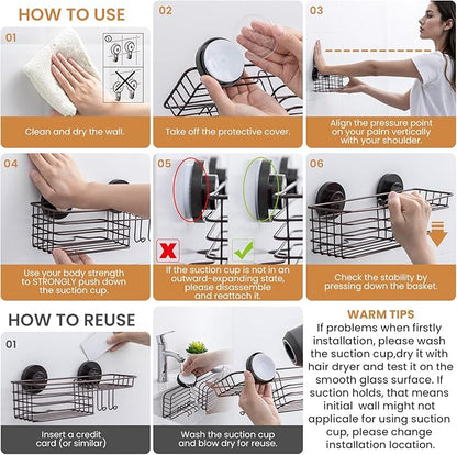 LEVERLOC Shower Caddy Suction Cup, 2 Pack Shelves for Inside with Hooks and Soap Organizer, NO-Drilling Bathroom Holder, Rust