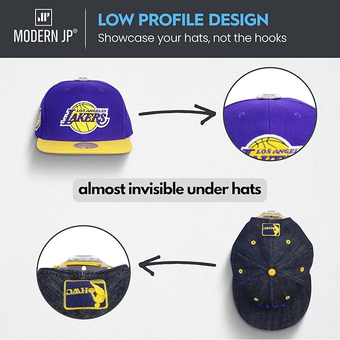 Modern JP Adhesive Hat Hooks for Wall (16-Pack) - Hat Rack for Baseball Caps, Minimalist Hat Display, Strong Hold Hat Hangers