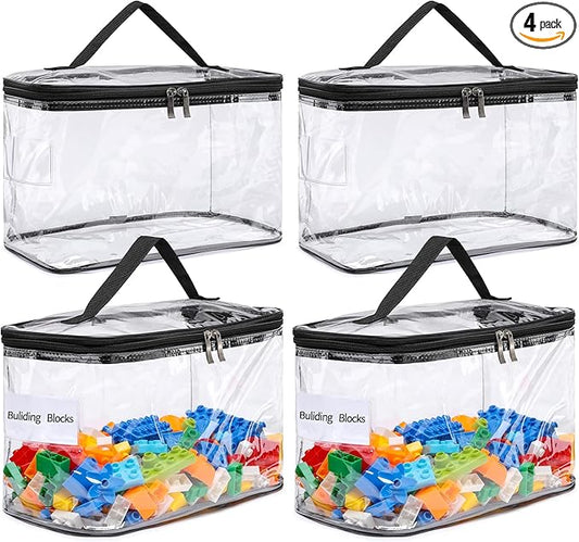 4-Pack Large Clear Storage Bag for Toys with Name Tag, Waterproof PVC Toy Organizer Case for Legos Bricks, Building Blocks, P