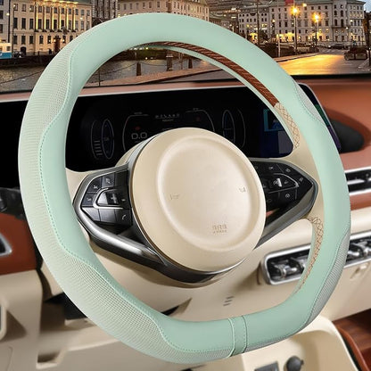 14 inch D Shaped Steering Wheel Cover for Prius Civic, Nappa Microfiber Leather Non-Slip Breathable Fabric, Warm in Winter an