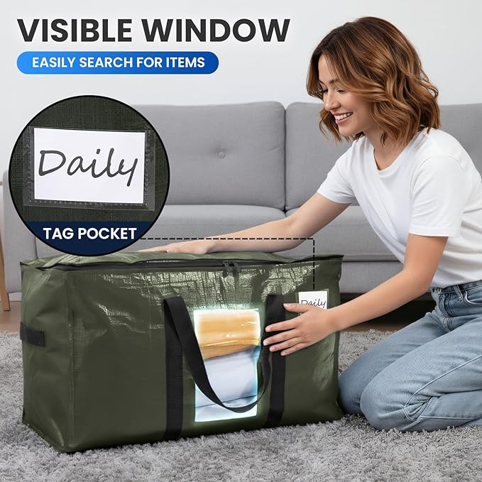 TAILI 12 Pack Green Extra Large Storage Bags, Heavy Duty Totes with Visible Window, Wrap Around Handles, Perfect for Moving a