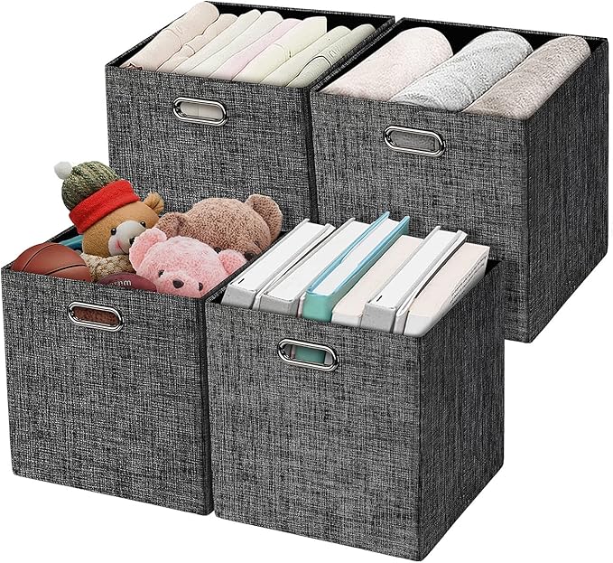 Posprica Collapsible Storage Cubes,11×11 Heavy Duty Fabric Stroage Basket Bins, 4pcs,Black