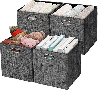 Posprica Collapsible Storage Cubes,11×11 Heavy Duty Fabric Stroage Basket Bins, 4pcs,Black