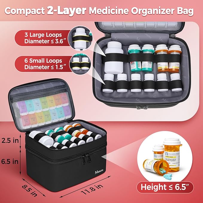 Mancro Dual Layers Medicine Organizer Bag, Pill Bottle Organizer Storage with Lockable Zipper, Medication Travel Bag for Pill