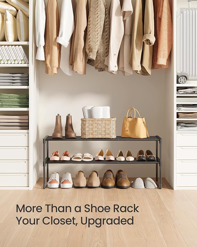 SONGMICS Shoe Rack, 2-Tier Shoe Organizer, Metal Storage Shelf, Upright or Upside Down, for 12-15 Pairs, Stackable, for Entry