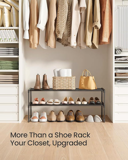 SONGMICS Shoe Rack, 2-Tier Shoe Organizer, Metal Storage Shelf, Upright or Upside Down, for 12-15 Pairs, Stackable, for Entry