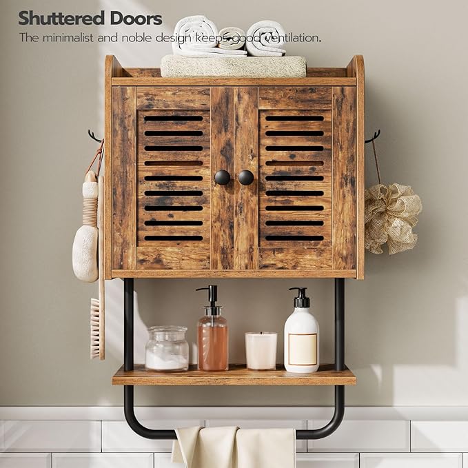 HOOBRO Bathroom Wall Cabinet, Double Doors Medicine Cabinet with Towel Bar, Adjustable Shelf, 2 Hooks, Over The Toilet Storag