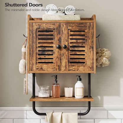 HOOBRO Bathroom Wall Cabinet, Double Doors Medicine Cabinet with Towel Bar, Adjustable Shelf, 2 Hooks, Over The Toilet Storag