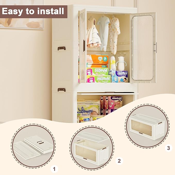 Montary Portable Kids Closet Storage Organizer for Clothes, Children's Wardrobe Closet with Magnetic Doors, Plastic Baby Ward
